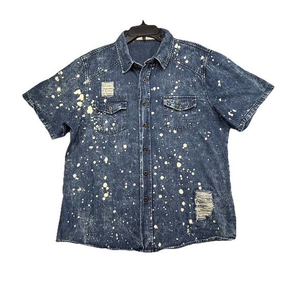 Other - GS115 Button-Up Shirt Men L Blue Denim Splattered Distressed Short Sleeve Cotton
